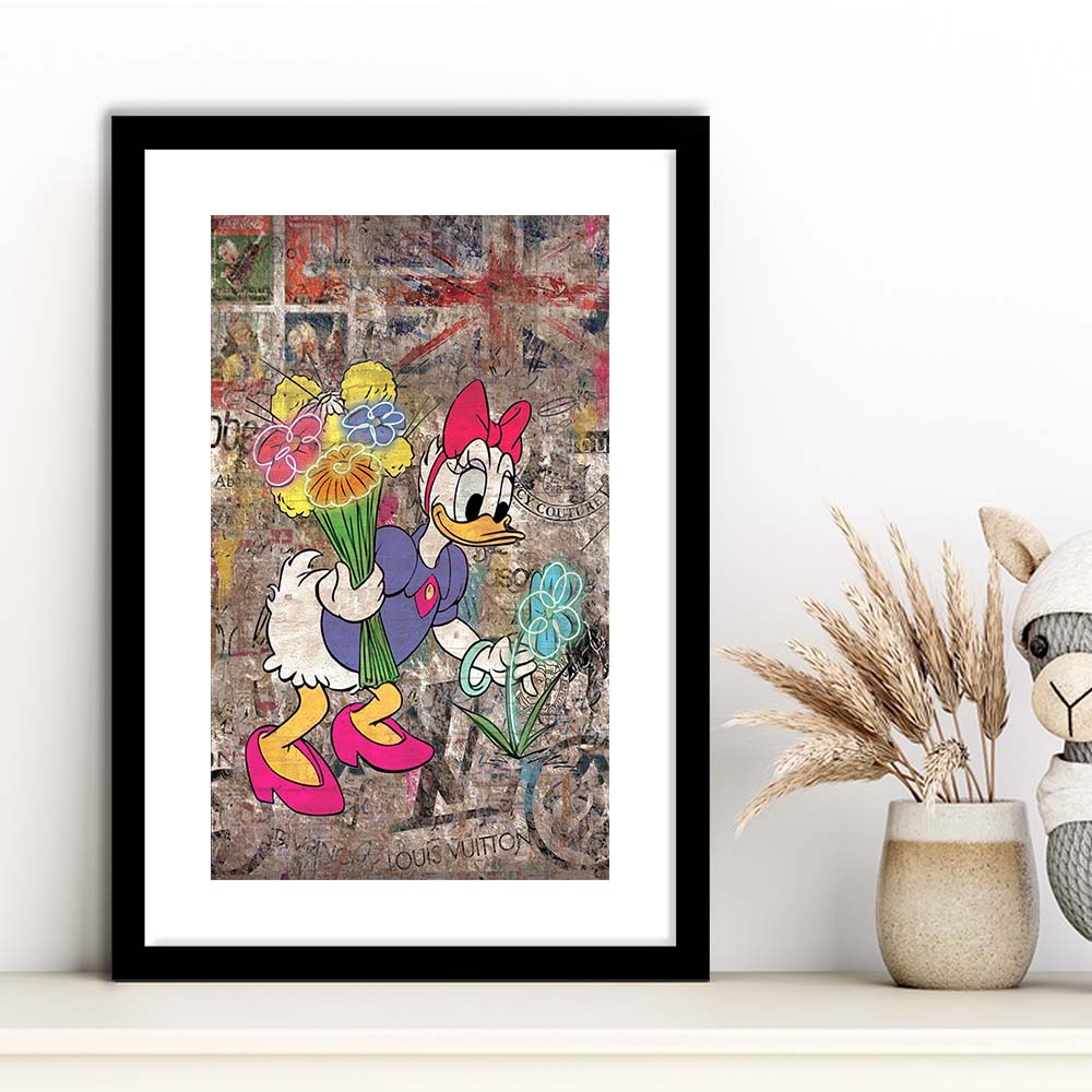 Daisy & Wildflowers, Colorful Graffiti Painting Art, Framed Art Print, Luxury Pictures Framed, White Border