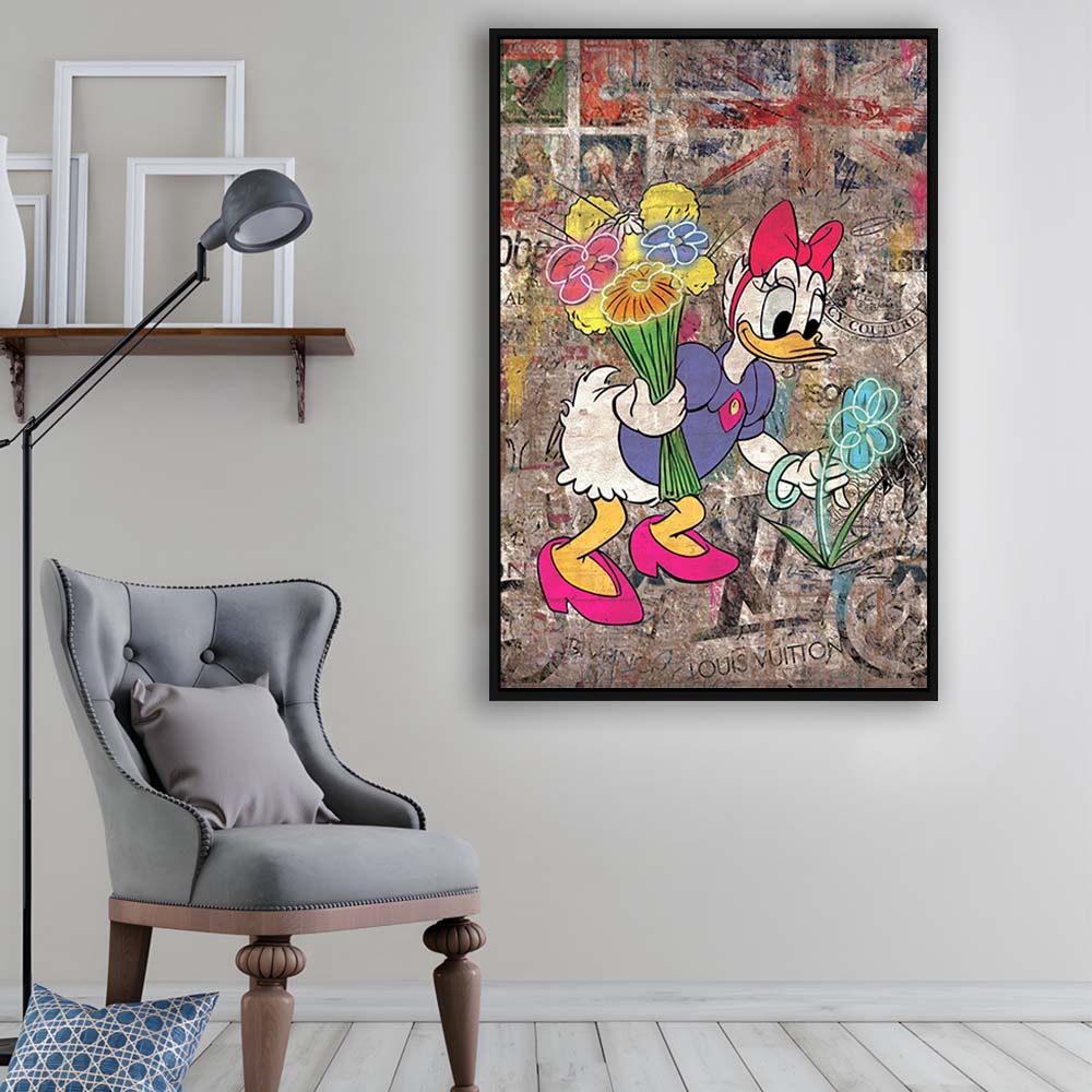 Daisy & Wildflowers, Colorful Graffiti Painting Art, Framed Canvas Print, Floating Frame, Luxury Wall Art Decor