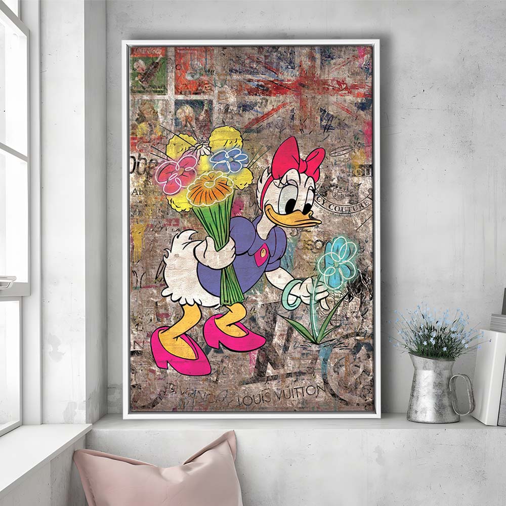 Daisy & Wildflowers, Colorful Graffiti Painting Art, Framed Canvas Print, Floating Frame, Luxury Wall Art Decor