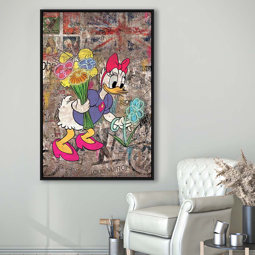 Daisy & Wildflowers, Colorful Graffiti Painting Art, Framed Canvas Print, Floating Frame, Luxury Wall Art Decor