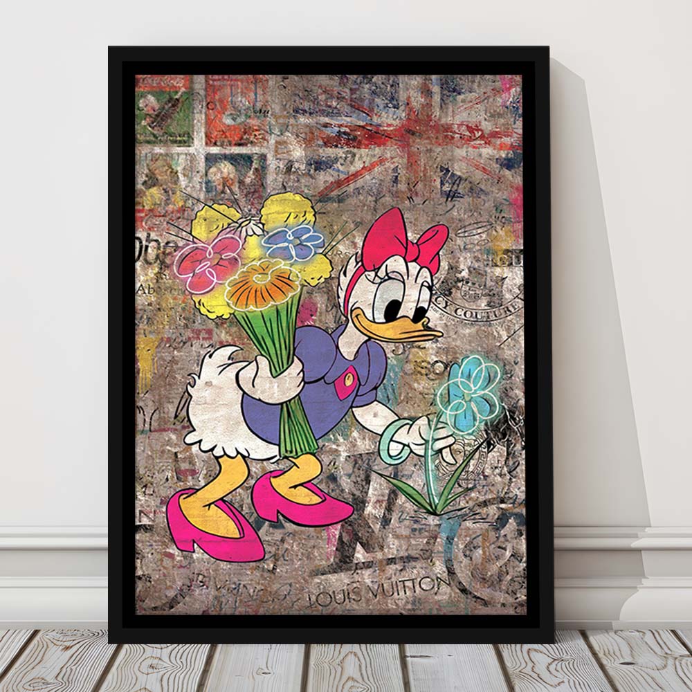 Daisy & Wildflowers, Colorful Graffiti Painting Art, Framed Canvas Print, Floating Frame, Luxury Wall Art Decor