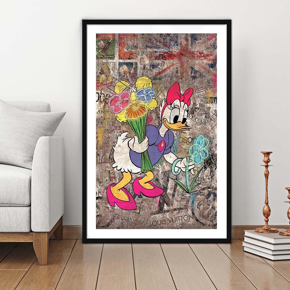 Daisy & Wildflowers, Colorful Graffiti Painting Art, Framed Art Print, Luxury Pictures Framed, White Border