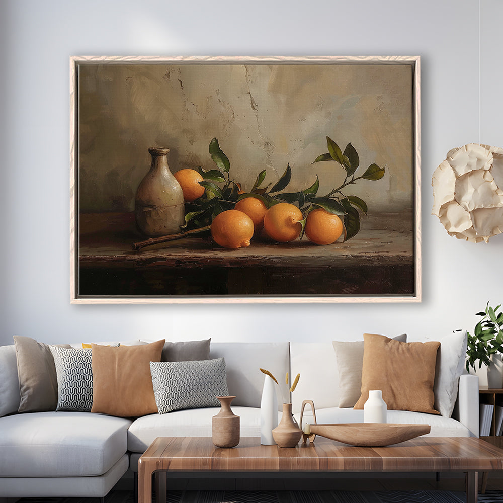 Dark Academia Still Life Oranges Framed Canvas Print Wall Art, Moody Wall Art, Art Rustic Trendy Wall Art