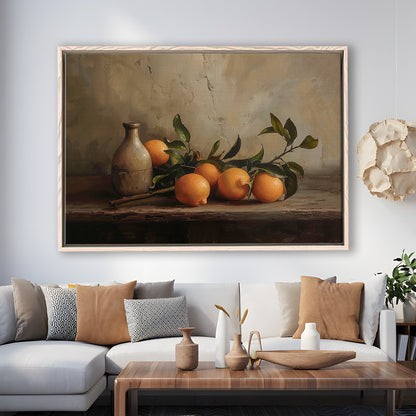 Dark Academia Still Life Oranges Framed Canvas Print Wall Art, Moody Wall Art, Art Rustic Trendy Wall Art
