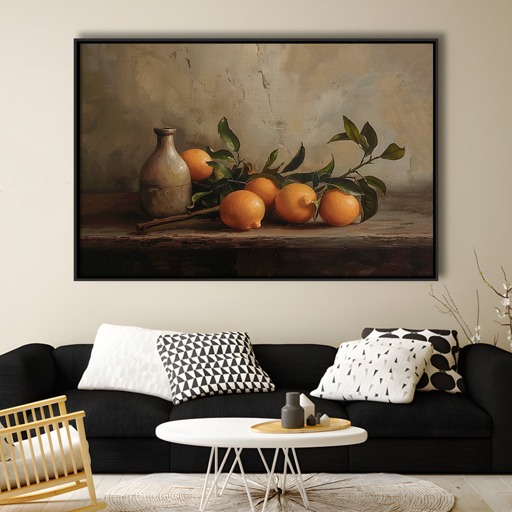 Dark Academia Still Life Oranges Framed Canvas Print Wall Art, Moody Wall Art, Art Rustic Trendy Wall Art