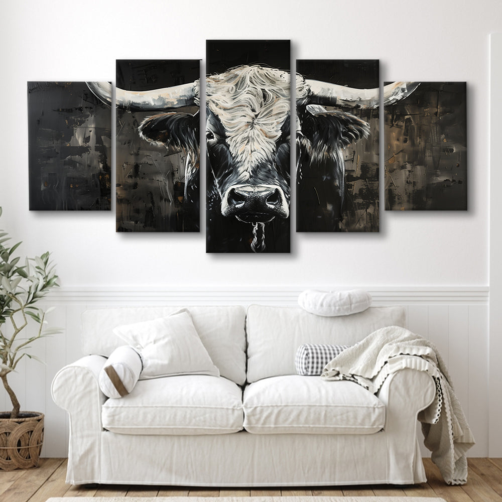 Dark Longhorn Cow Portrait Knife Oil Paing, Canvas Art Decor Print, Painting Art, Mixed Panels Canvas Print Wall Art