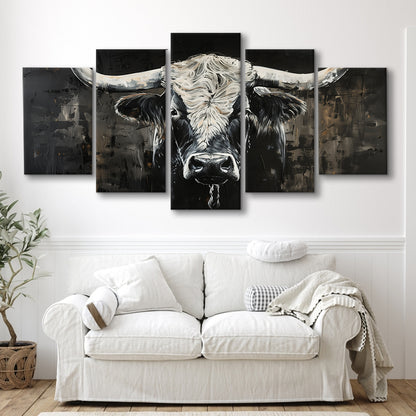 Dark Longhorn Cow Portrait Knife Oil Paing, Canvas Art Decor Print, Painting Art, Mixed Panels Canvas Print Wall Art