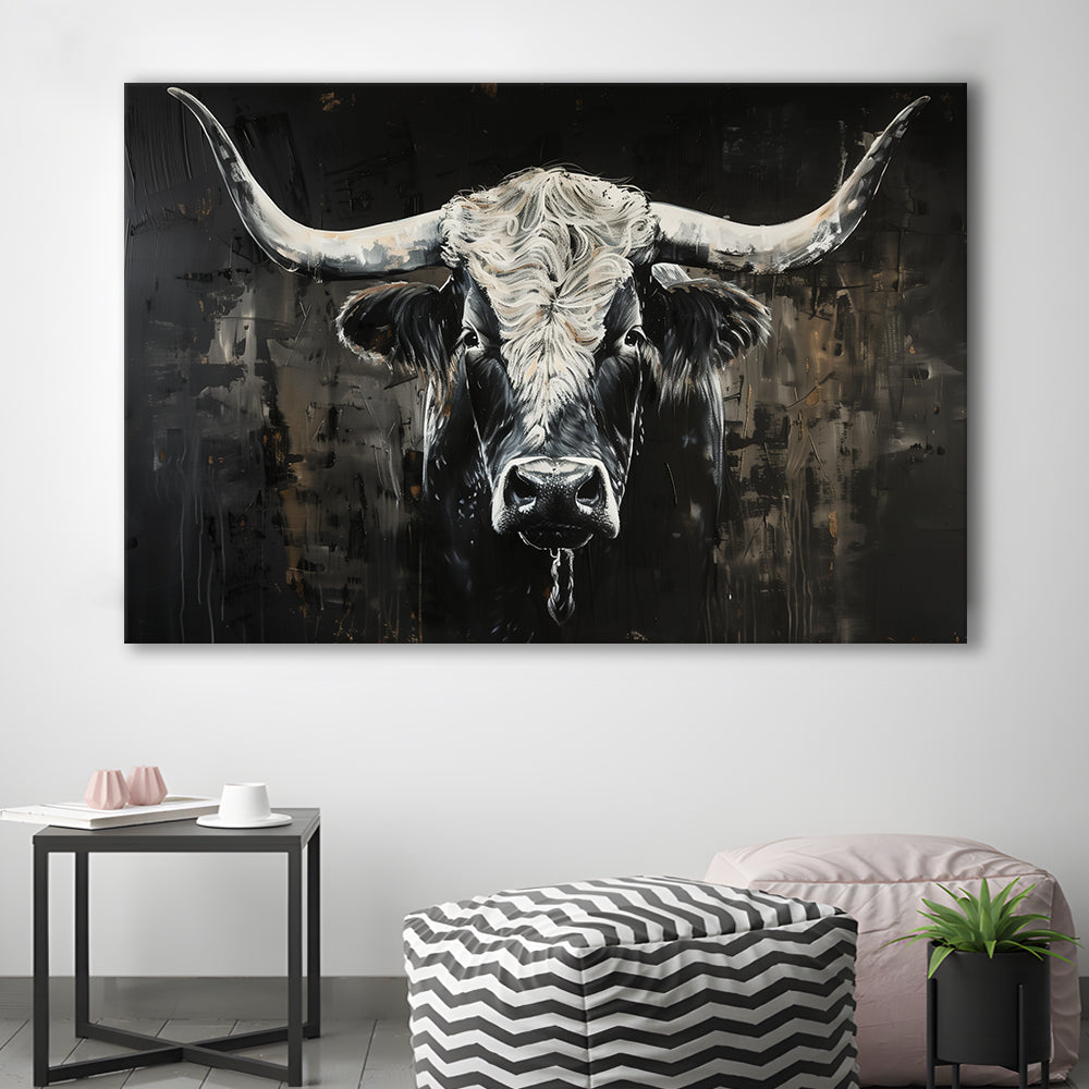 Dark Longhorn Cow Portrait Knife Oil Paing, Canvas Art Decor Print, Painting Art, Canvas Print Wall Art Home Decor