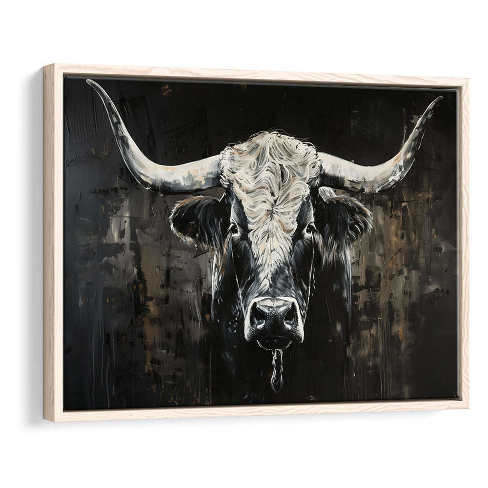 Dark Longhorn Cow Portrait Knife Oil Paing, Framed Canvas Print, Painting Art, Floating Framed Canvas Print Wall Art