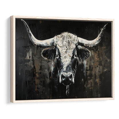 Dark Longhorn Cow Portrait Knife Oil Paing, Framed Canvas Print, Painting Art, Floating Framed Canvas Print Wall Art