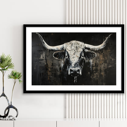 Dark Longhorn Cow Portrait Knife Oil Paing, Framed  Print, Painting Art, Framed Art Print White Border Wall Decor