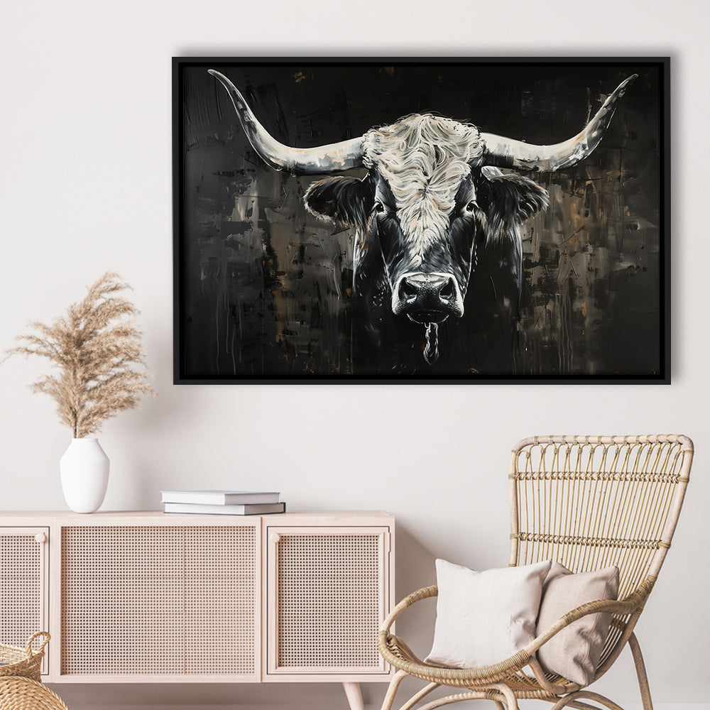 Dark Longhorn Cow Portrait Knife Oil Paing, Framed Canvas Print, Painting Art, Floating Framed Canvas Print Wall Art