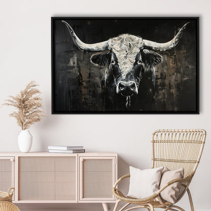 Dark Longhorn Cow Portrait Knife Oil Paing, Framed Canvas Print, Painting Art, Floating Framed Canvas Print Wall Art