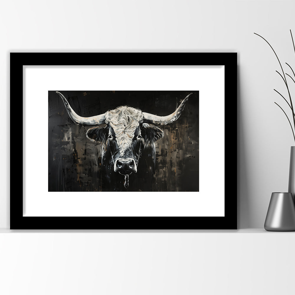Dark Longhorn Cow Portrait Knife Oil Paing, Framed  Print, Painting Art, Framed Art Print White Border Wall Decor