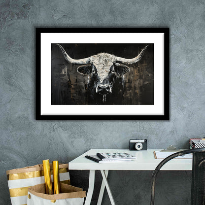 Dark Longhorn Cow Portrait Knife Oil Paing, Framed  Print, Painting Art, Framed Art Print White Border Wall Decor