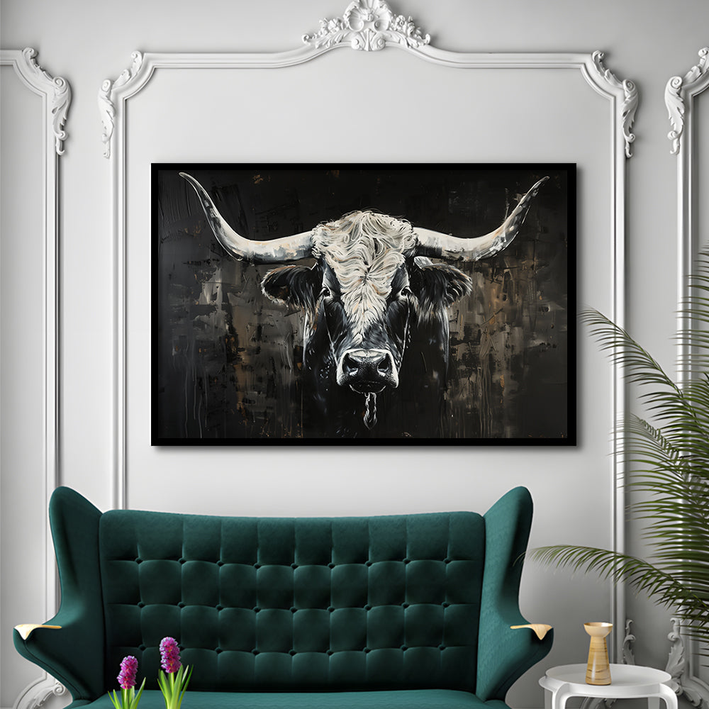Dark Longhorn Cow Portrait Knife Oil Paing, Framed  Print, Painting Art, Framed Art Print Wall Decor, Framed Picture