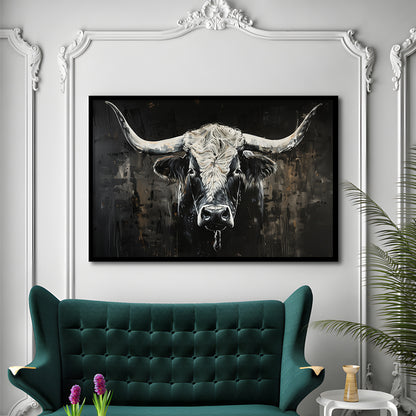 Dark Longhorn Cow Portrait Knife Oil Paing, Framed  Print, Painting Art, Framed Art Print Wall Decor, Framed Picture