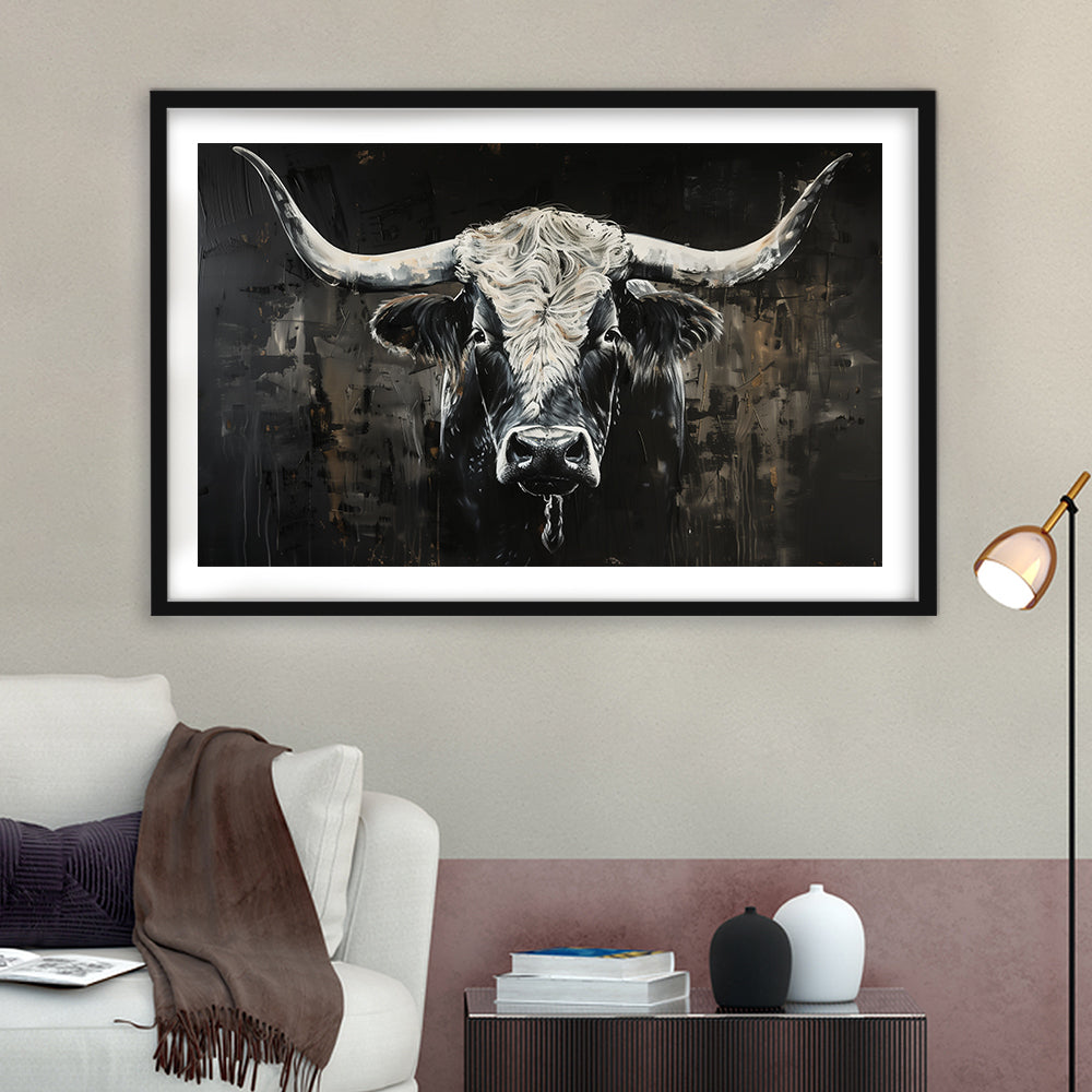 Dark Longhorn Cow Portrait Knife Oil Paing, Framed  Print, Painting Art, Framed Art Print White Border Wall Decor
