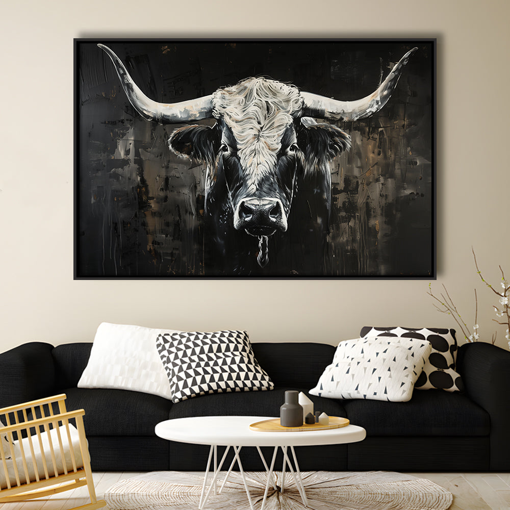 Dark Longhorn Cow Portrait Knife Oil Paing, Framed Canvas Print, Painting Art, Floating Framed Canvas Print Wall Art