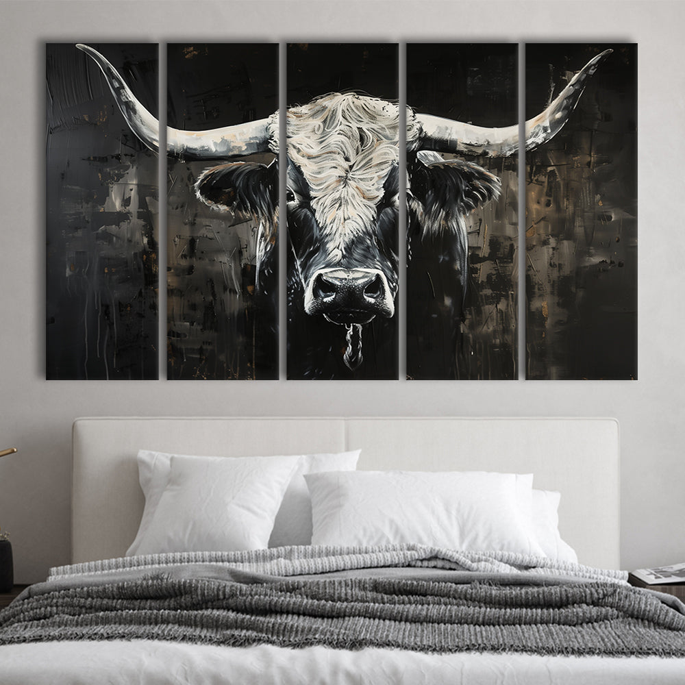 Dark Longhorn Cow Portrait Knife Oil Paing, Canvas Art Print, Painting Art, Multi Panels Canvas Print Wall Art