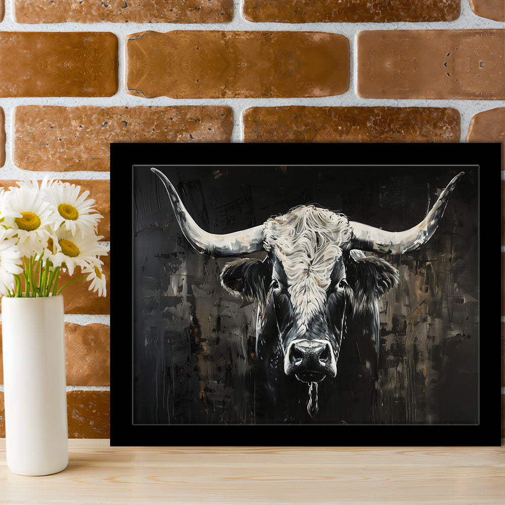 Dark Longhorn Cow Portrait Knife Oil Paing, Framed  Print, Painting Art, Framed Art Print Wall Decor, Framed Picture