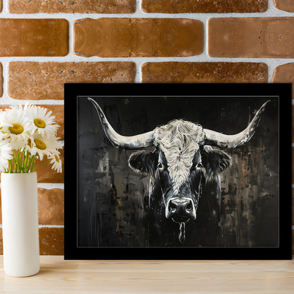 Dark Longhorn Cow Portrait Knife Oil Paing, Framed  Print, Painting Art, Framed Art Print Wall Decor, Framed Picture