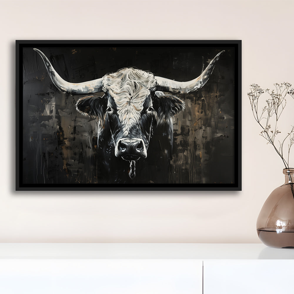 Dark Longhorn Cow Portrait Knife Oil Paing, Framed Canvas Print, Painting Art, Floating Framed Canvas Print Wall Art