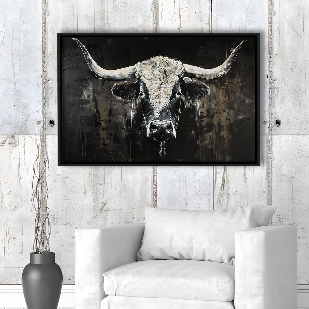 Dark Longhorn Cow Portrait Knife Oil Paing, Framed Canvas Print, Painting Art, Floating Framed Canvas Print Wall Art