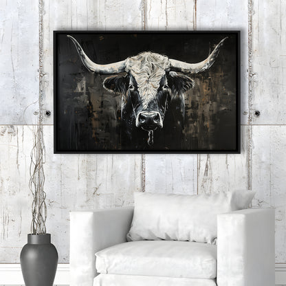 Dark Longhorn Cow Portrait Knife Oil Paing, Framed Canvas Print, Painting Art, Floating Framed Canvas Print Wall Art