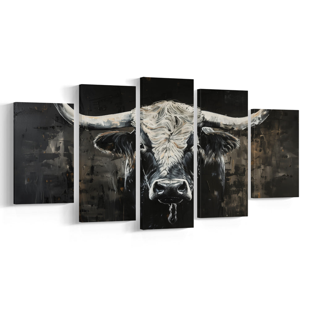 Dark Longhorn Cow Portrait Knife Oil Paing, Canvas Art Decor Print, Painting Art, Mixed Panels Canvas Print Wall Art