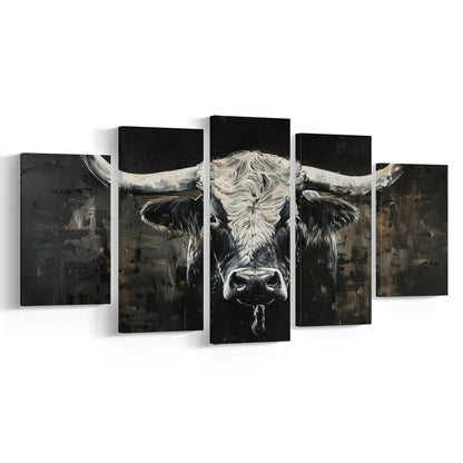 Dark Longhorn Cow Portrait Knife Oil Paing, Canvas Art Decor Print, Painting Art, Mixed Panels Canvas Print Wall Art