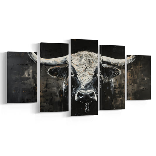 Dark Longhorn Cow Portrait Knife Oil Paing, Canvas Art Decor Print, Painting Art, Mixed Panels Canvas Print Wall Art