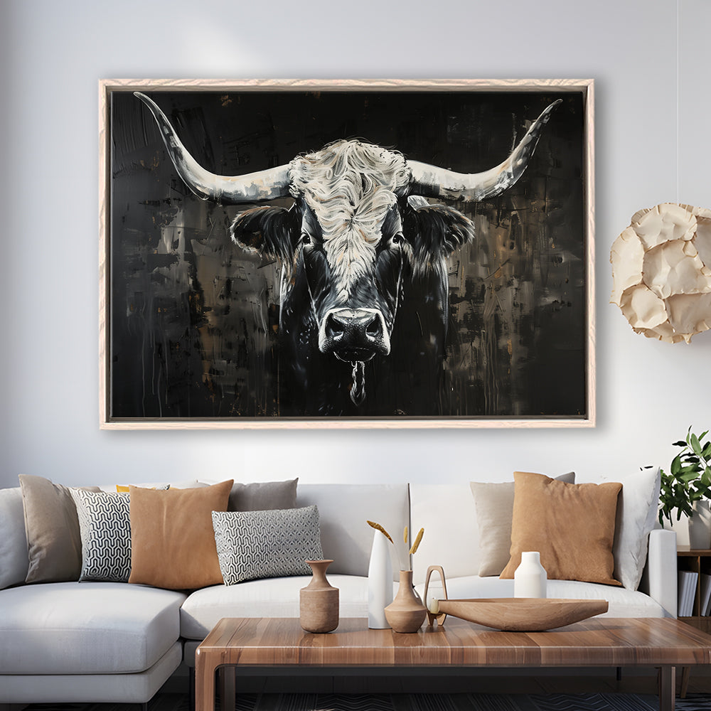 Dark Longhorn Cow Portrait Knife Oil Paing, Framed Canvas Print, Painting Art, Floating Framed Canvas Print Wall Art