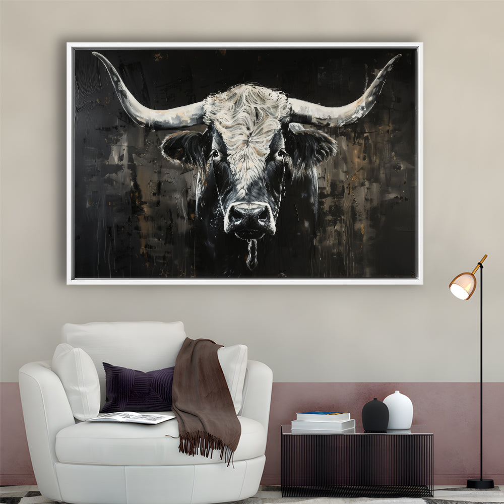 Dark Longhorn Cow Portrait Knife Oil Paing, Framed Canvas Print, Painting Art, Floating Framed Canvas Print Wall Art