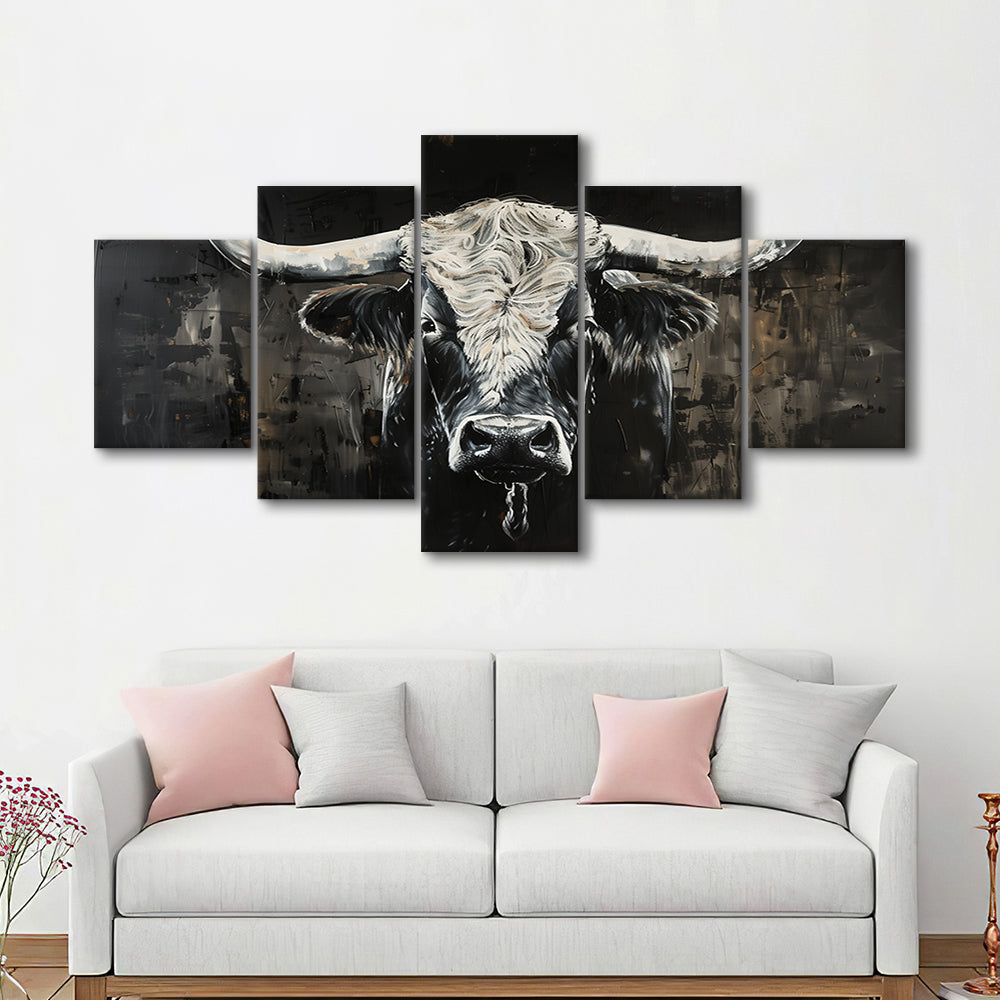 Dark Longhorn Cow Portrait Knife Oil Paing, Canvas Art Decor Print, Painting Art, Mixed Panels Canvas Print Wall Art