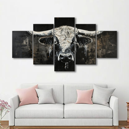 Dark Longhorn Cow Portrait Knife Oil Paing, Canvas Art Decor Print, Painting Art, Mixed Panels Canvas Print Wall Art