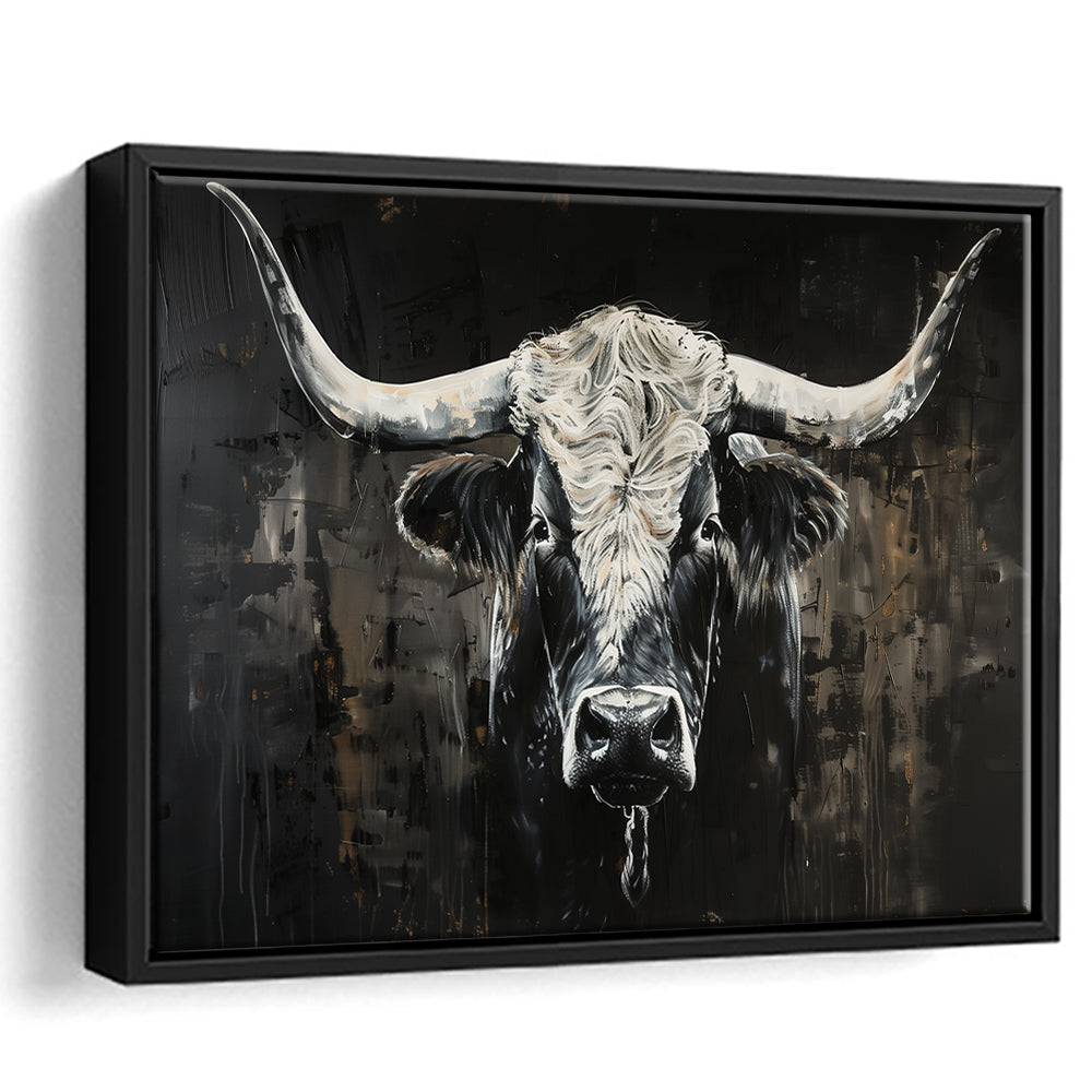Dark Longhorn Cow Portrait Knife Oil Paing, Framed Canvas Print, Painting Art, Floating Framed Canvas Print Wall Art