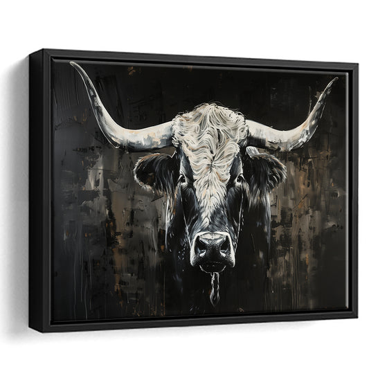 Dark Longhorn Cow Portrait Knife Oil Paing, Framed Canvas Print, Painting Art, Floating Framed Canvas Print Wall Art