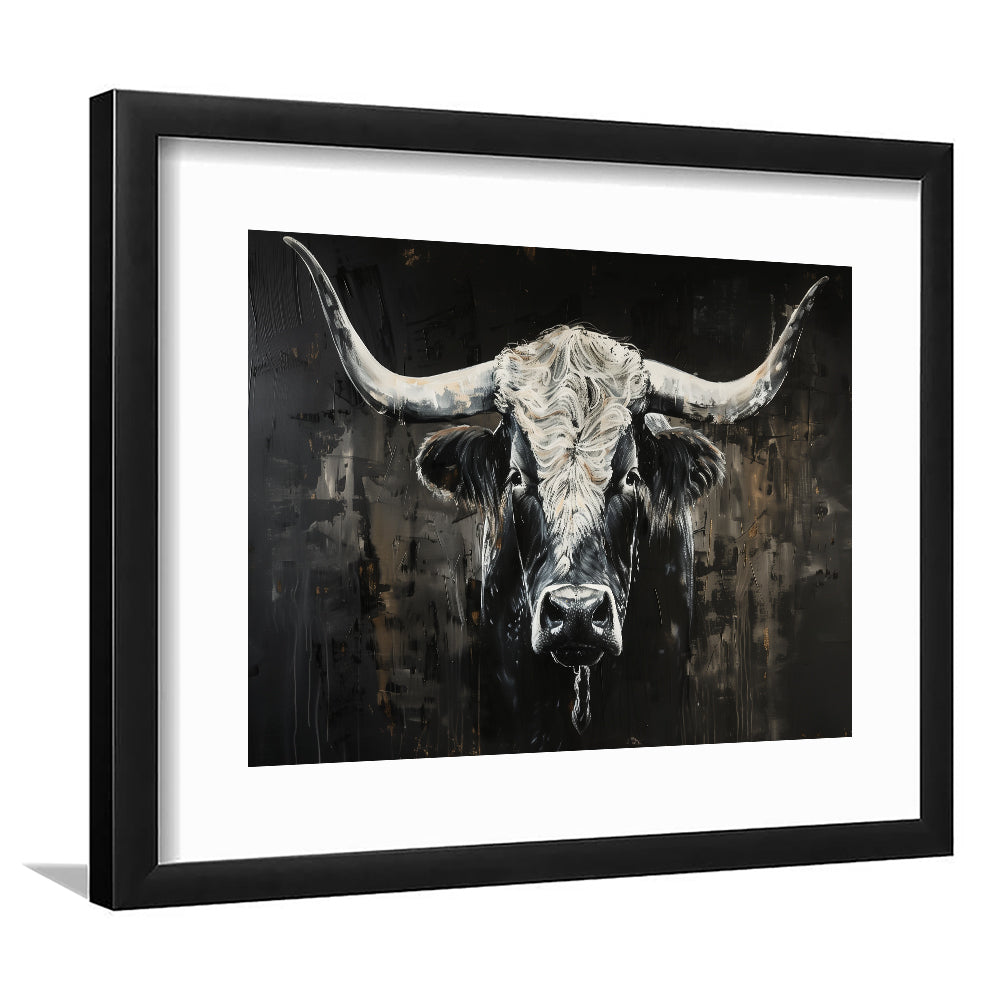 Dark Longhorn Cow Portrait Knife Oil Paing, Framed  Print, Painting Art, Framed Art Print White Border Wall Decor