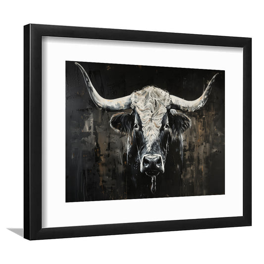 Dark Longhorn Cow Portrait Knife Oil Paing, Framed  Print, Painting Art, Framed Art Print White Border Wall Decor