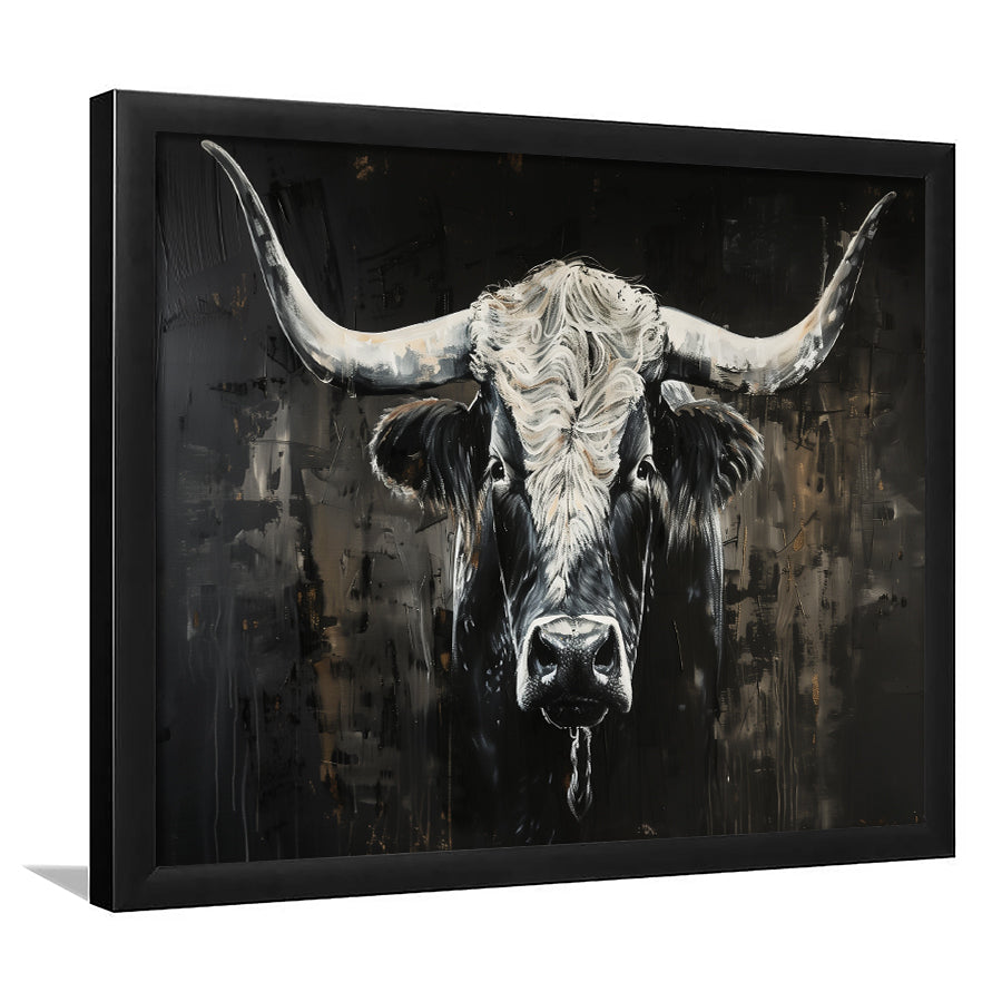 Dark Longhorn Cow Portrait Knife Oil Paing, Framed  Print, Painting Art, Framed Art Print Wall Decor, Framed Picture