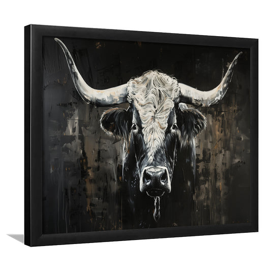 Dark Longhorn Cow Portrait Knife Oil Paing, Framed  Print, Painting Art, Framed Art Print Wall Decor, Framed Picture