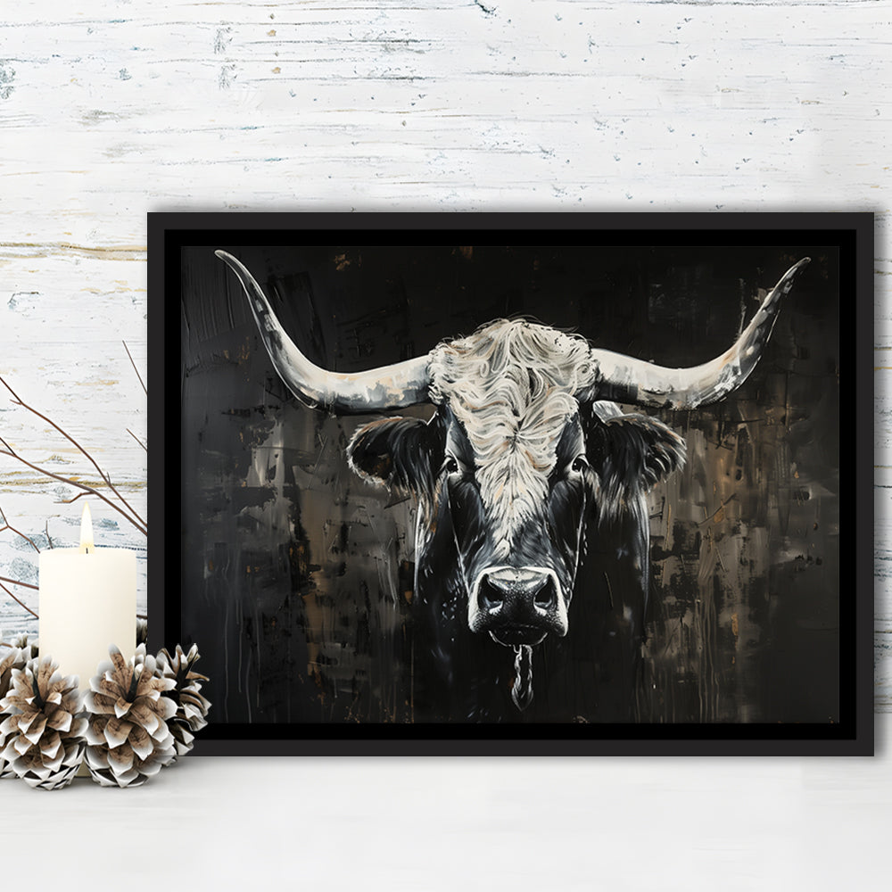 Dark Longhorn Cow Portrait Knife Oil Paing, Framed Canvas Print, Painting Art, Floating Framed Canvas Print Wall Art