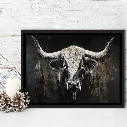 Dark Longhorn Cow Portrait Knife Oil Paing, Framed Canvas Print, Painting Art, Floating Framed Canvas Print Wall Art