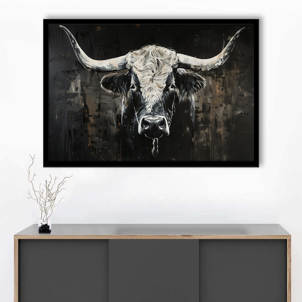 Dark Longhorn Cow Portrait Knife Oil Paing, Framed  Print, Painting Art, Framed Art Print Wall Decor, Framed Picture