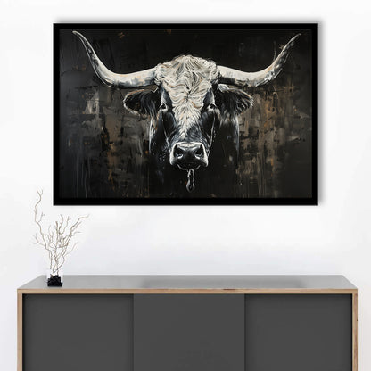 Dark Longhorn Cow Portrait Knife Oil Paing, Framed  Print, Painting Art, Framed Art Print Wall Decor, Framed Picture