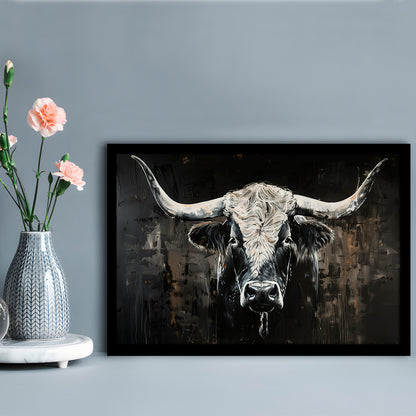 Dark Longhorn Cow Portrait Knife Oil Paing, Framed  Print, Painting Art, Framed Art Print Wall Decor, Framed Picture