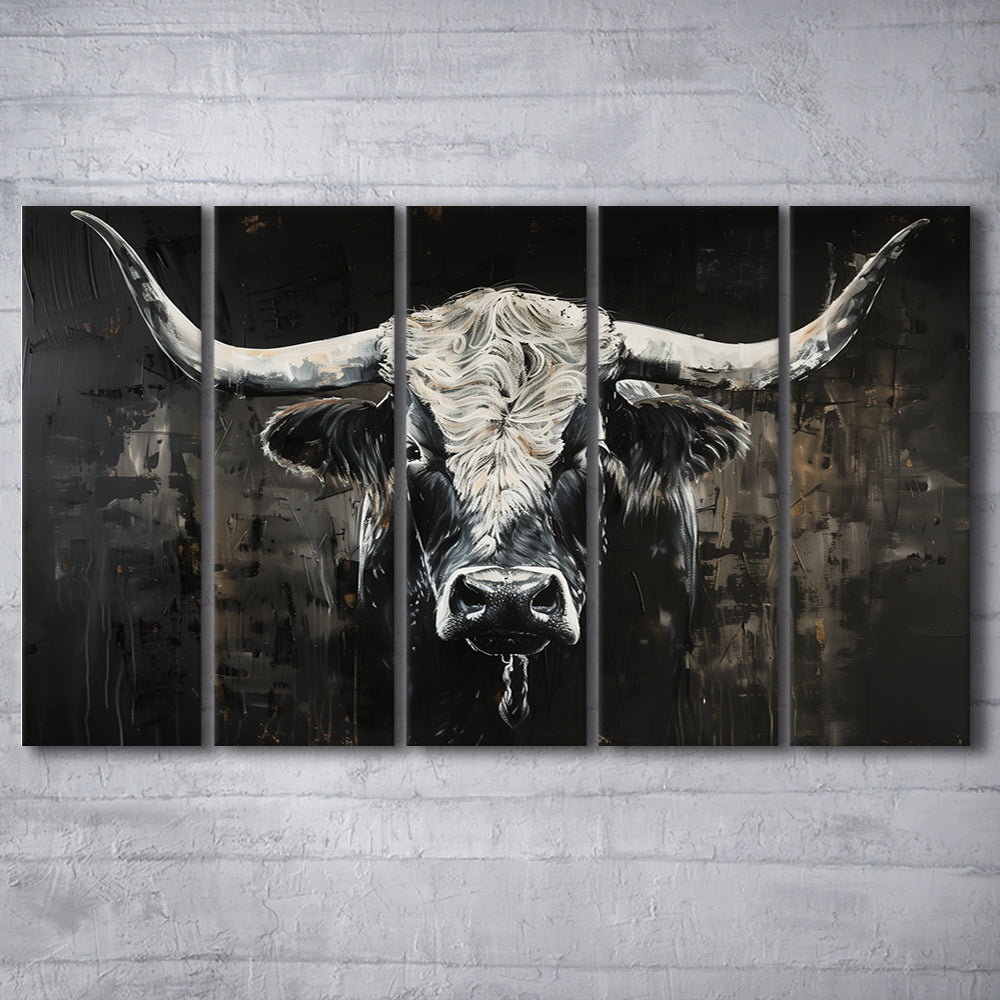 Dark Longhorn Cow Portrait Knife Oil Paing, Canvas Art Print, Painting Art, Multi Panels Canvas Print Wall Art