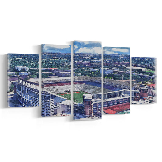 Darrell K Royal Texas Memorial Painting Stadium Watercolor, Austin Texas, Sport Art, Mixed 5 Panel, Canvas Print Wall Art