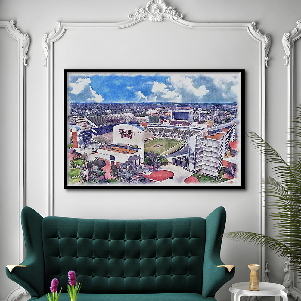 Davis Wade Stadium, Bulldogs Painting Stadium Watercolor, Sport Gift Art, Framed Art Print Wall Decor